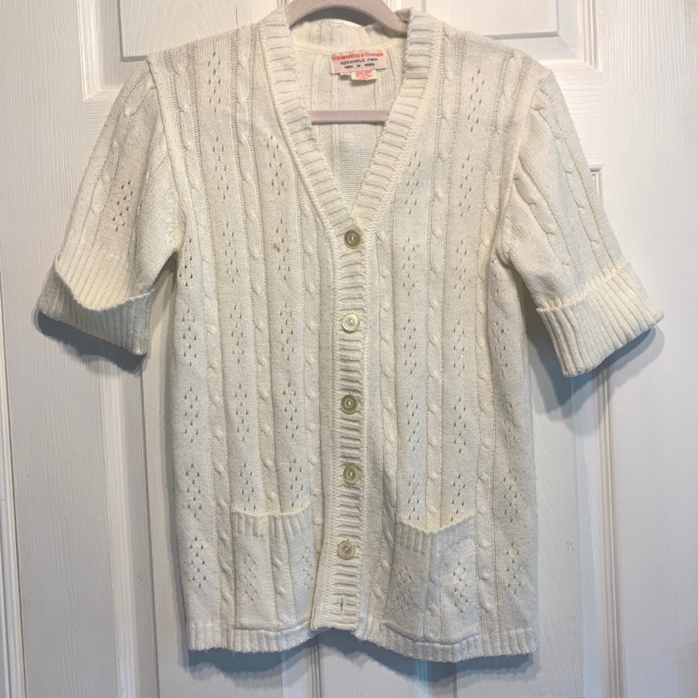 Strawbridge & Clothier Cardigan M Vintage Short Sleeve Cable Knit Classic Retro